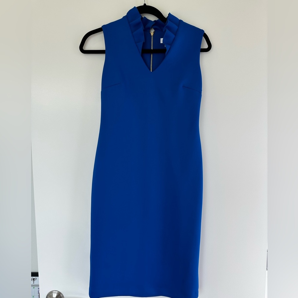Calvin Klein Blue V-Neck Sheath Midi Dress for Cocktail